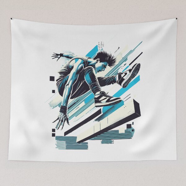 Item preview, Parkour Athlete Mid-Jump with Bold Abstract Lines designed and sold by ThreadQuirk.