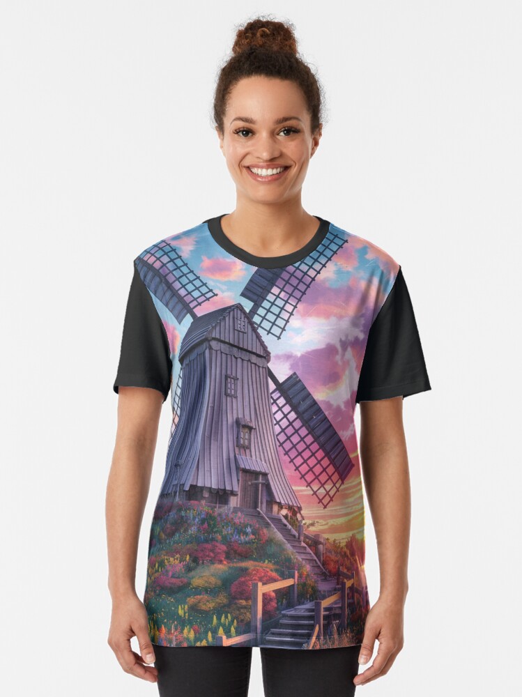 Thumbnail 2 of 5, Graphic T-Shirt, Windmill At Sunset designed and sold by Patricks-Art.