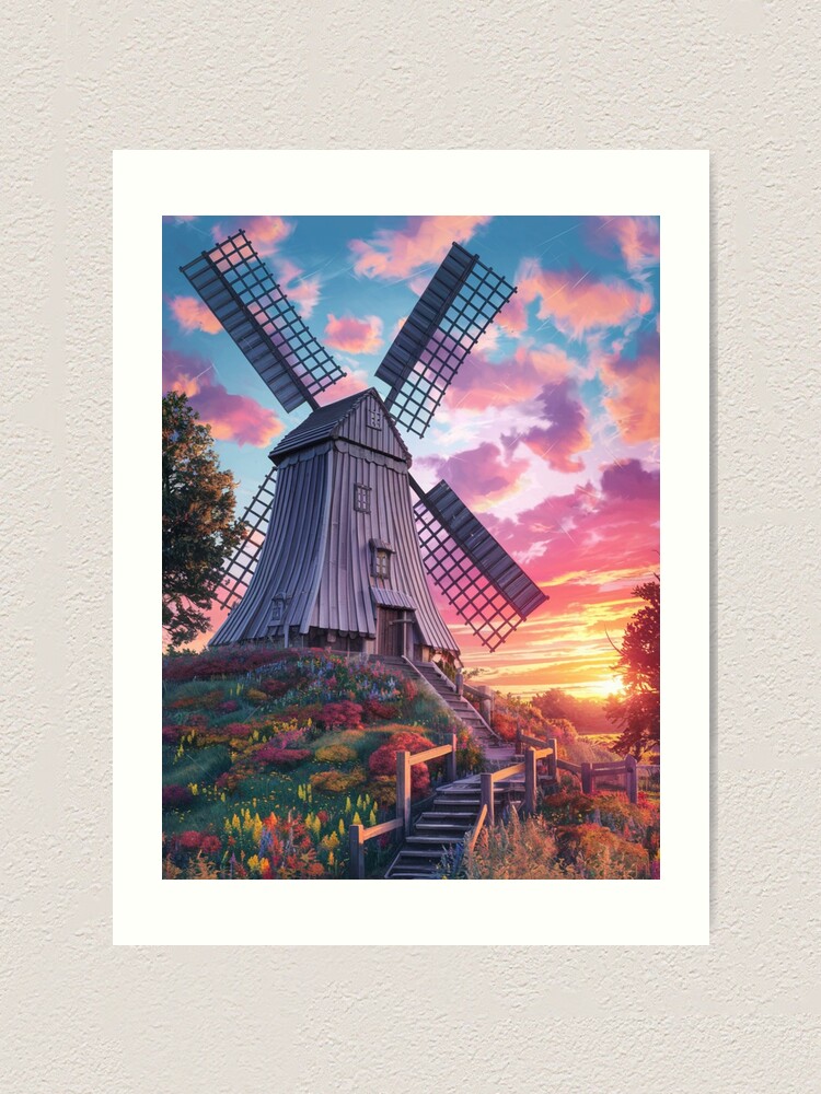 Thumbnail 1 of 3, Art Print, Windmill At Sunset designed and sold by Patricks-Art.