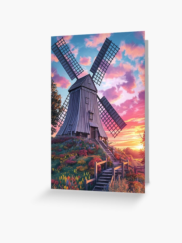 Thumbnail 1 of 2, Greeting Card, Windmill At Sunset designed and sold by Patricks-Art.