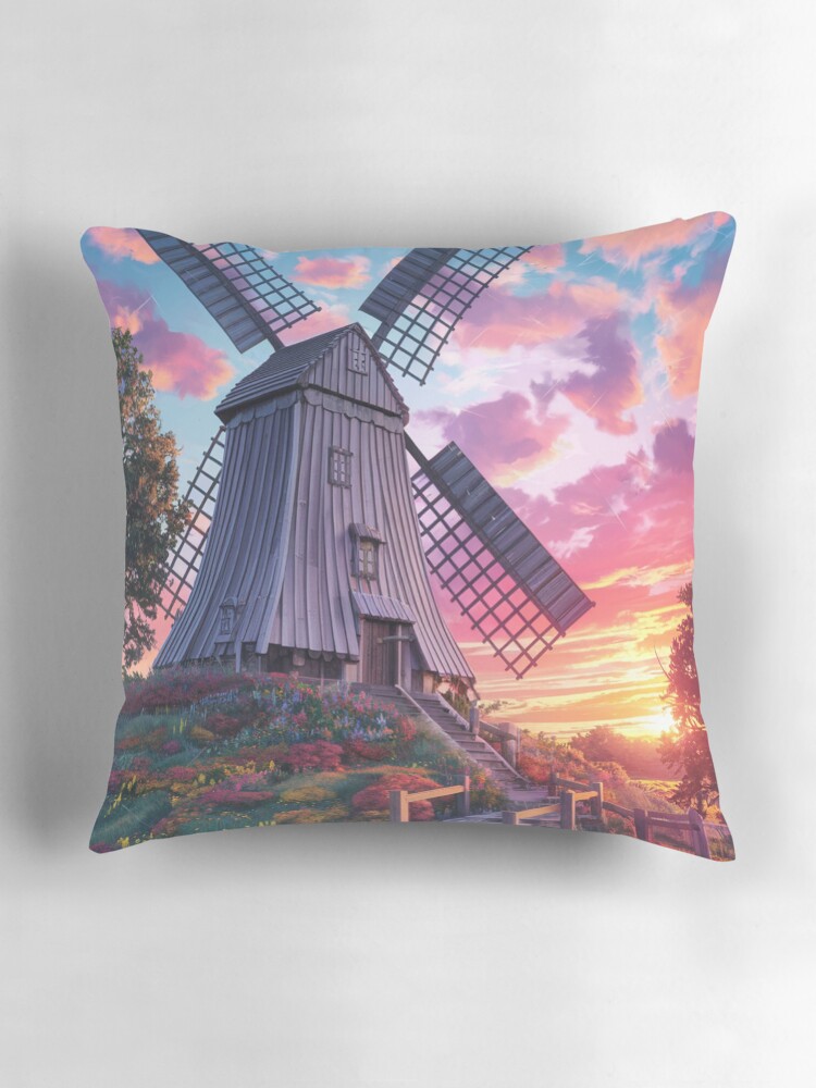 Thumbnail 3 of 4, Pillow, Windmill At Sunset designed and sold by Patricks-Art.