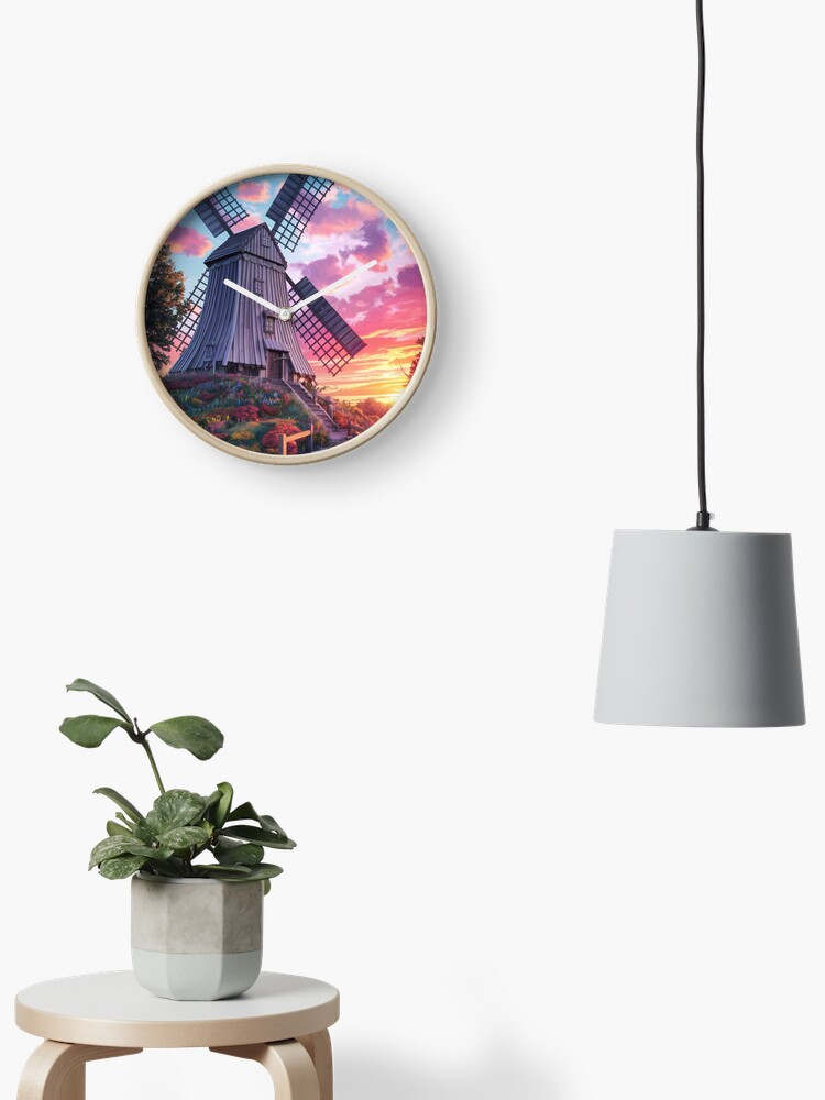 Thumbnail 2 of 4, Clock, Windmill At Sunset designed and sold by Patricks-Art.
