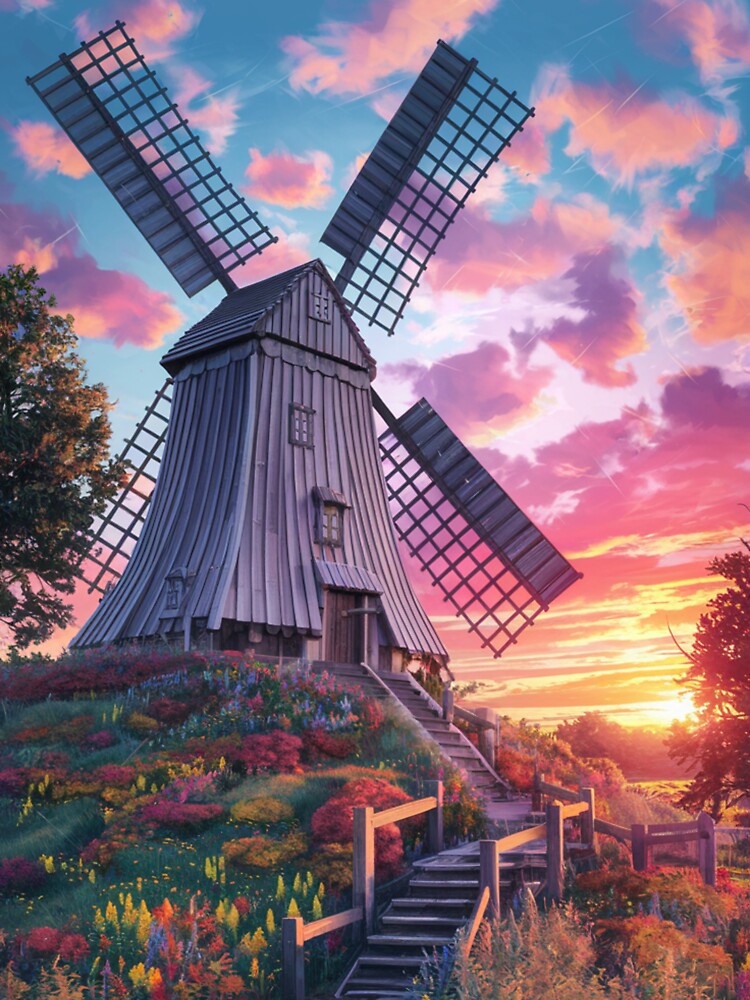 Thumbnail 4 of 4, Sticker, Windmill At Sunset designed and sold by Patricks-Art.