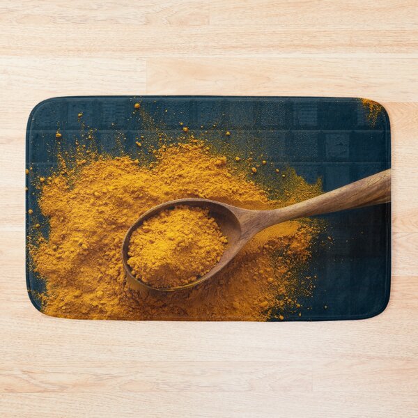 Item preview, Turmeric powder in spoon on blue background designed and sold by Evgeniia Biriukova.