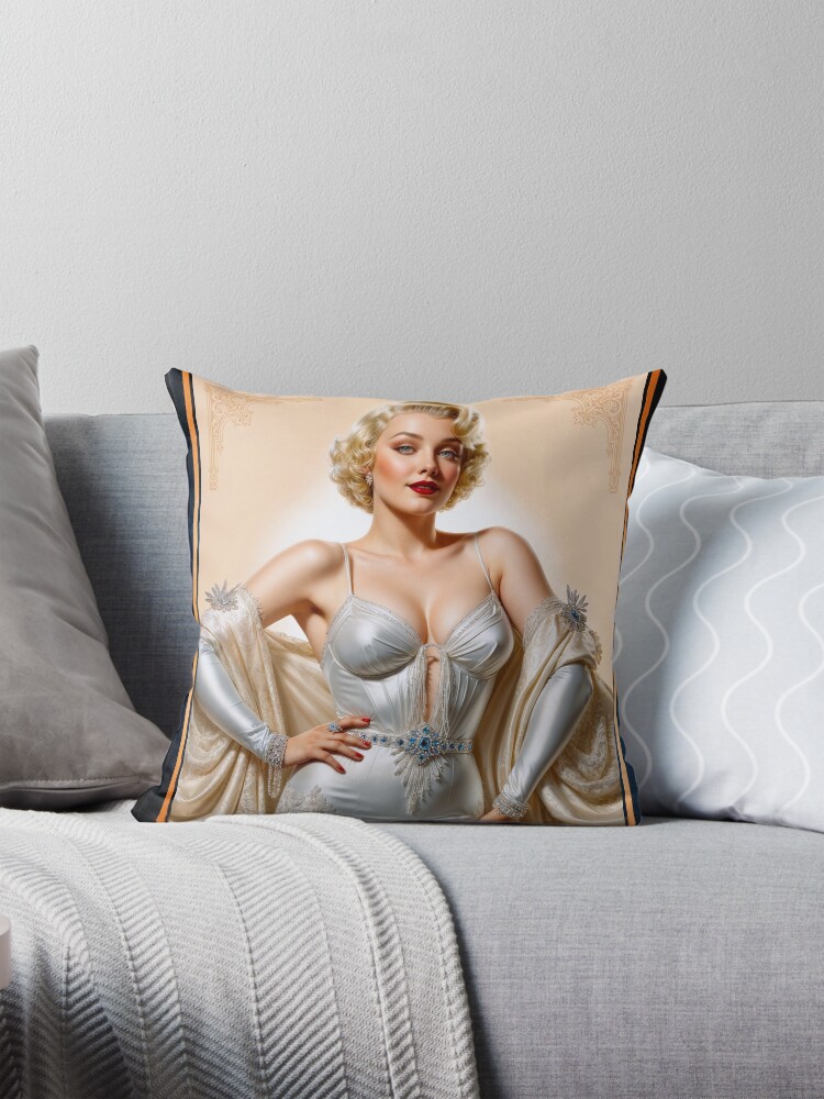 Vintage Glamour Hollywood Blonde Beauty In Satin Silver Gown Gorgeous AI Concept Art by Xzendor7 Decorative Art Print Throw Pillow