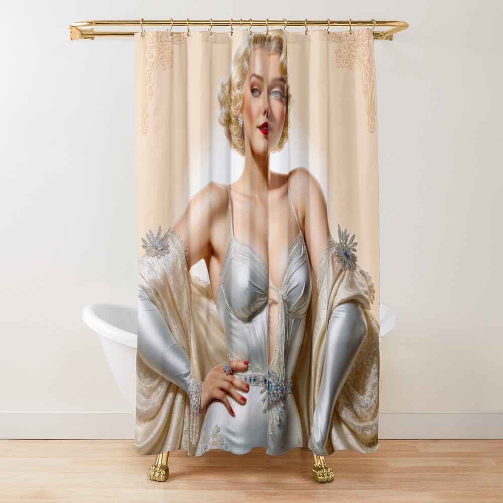 Vintage Glamour Hollywood Blonde Beauty In Satin Silver Gown Gorgeous AI Concept Art by Xzendor7 Decorative Art Print Shower Curtain