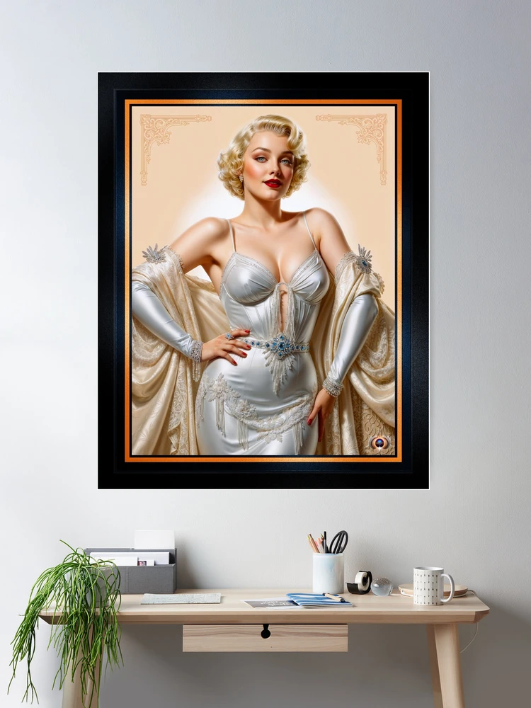 Vintage Glamour Hollywood Blonde Beauty In Satin Silver Gown Gorgeous AI Concept Art by Xzendor7 Wall Decor Poster Art Print