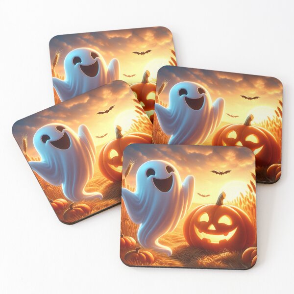 Item preview, Laughing cartoon ghost with a jackolantern and bats on a wheat field at sunset designed and sold by EmeraldeaArt.
