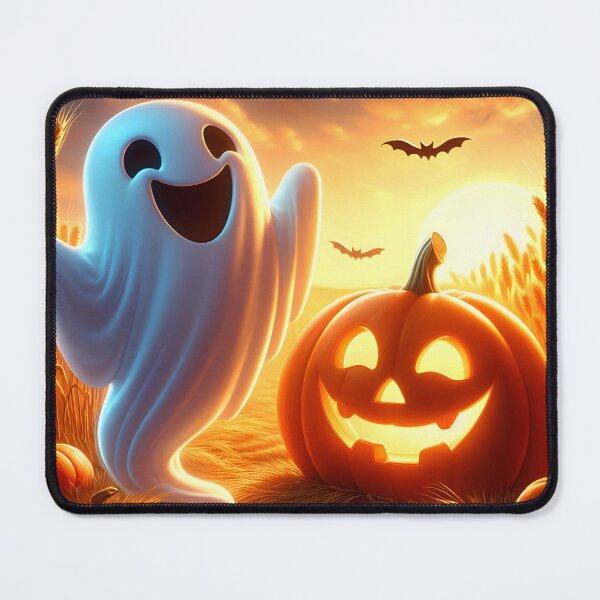 Item preview, Laughing cartoon ghost with a jackolantern and bats on a wheat field at sunset designed and sold by EmeraldeaArt.