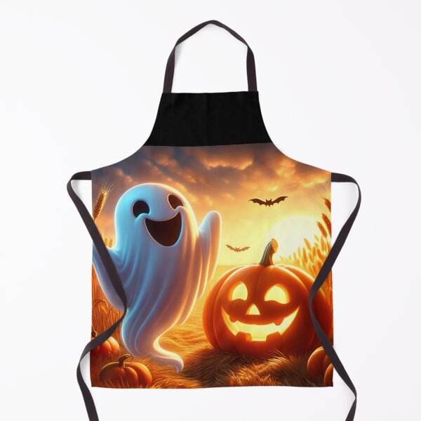 Item preview, Laughing cartoon ghost with a jackolantern and bats on a wheat field at sunset designed and sold by EmeraldeaArt.