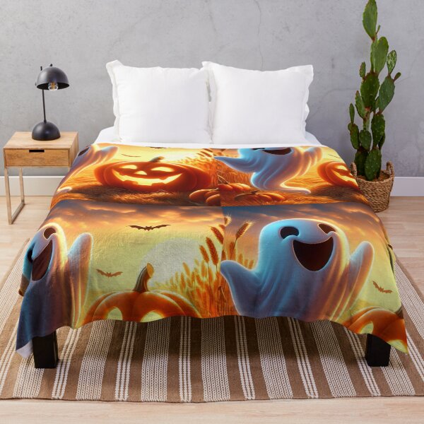 Item preview, Laughing cartoon ghost with a jackolantern and bats on a wheat field at sunset designed and sold by EmeraldeaArt.