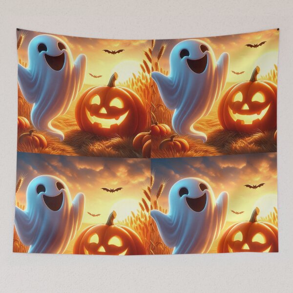 Item preview, Laughing cartoon ghost with a jackolantern and bats on a wheat field at sunset designed and sold by EmeraldeaArt.