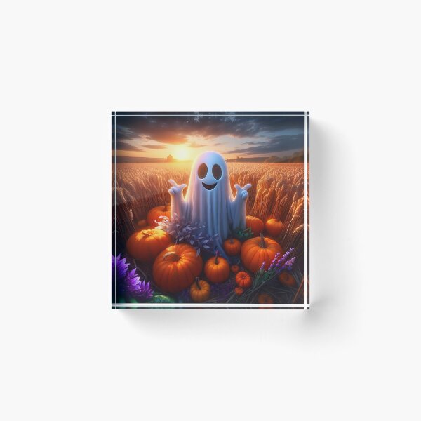 Item preview, Cheerful ghost among pumpkins on a wheat field at sunset cartoon designed and sold by EmeraldeaArt.