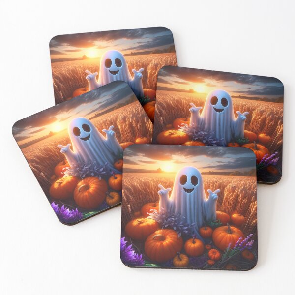 Item preview, Cheerful ghost among pumpkins on a wheat field at sunset cartoon designed and sold by EmeraldeaArt.