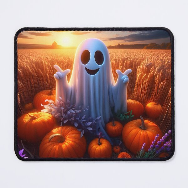 Item preview, Cheerful ghost among pumpkins on a wheat field at sunset cartoon designed and sold by EmeraldeaArt.