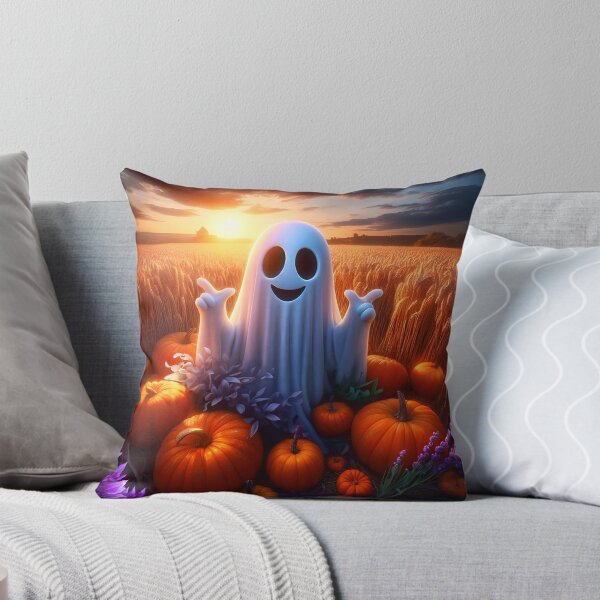 Item preview, Cheerful ghost among pumpkins on a wheat field at sunset cartoon designed and sold by EmeraldeaArt.