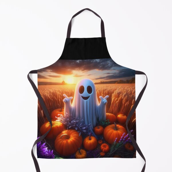Item preview, Cheerful ghost among pumpkins on a wheat field at sunset cartoon designed and sold by EmeraldeaArt.