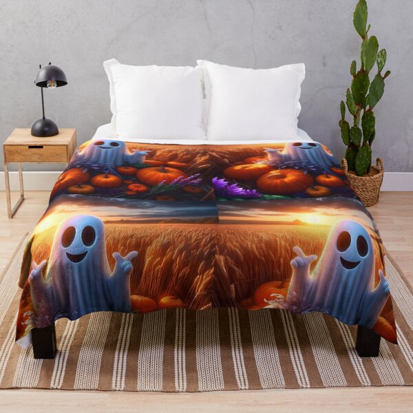 Item preview, Cheerful ghost among pumpkins on a wheat field at sunset cartoon designed and sold by EmeraldeaArt.