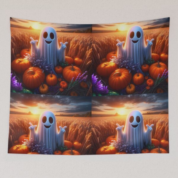 Item preview, Cheerful ghost among pumpkins on a wheat field at sunset cartoon designed and sold by EmeraldeaArt.