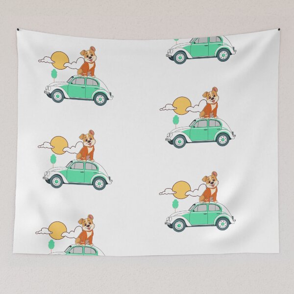 Item preview, Cute Light Green Car with an Adorable Orange and Brown Dog on Top designed and sold by nada-art.