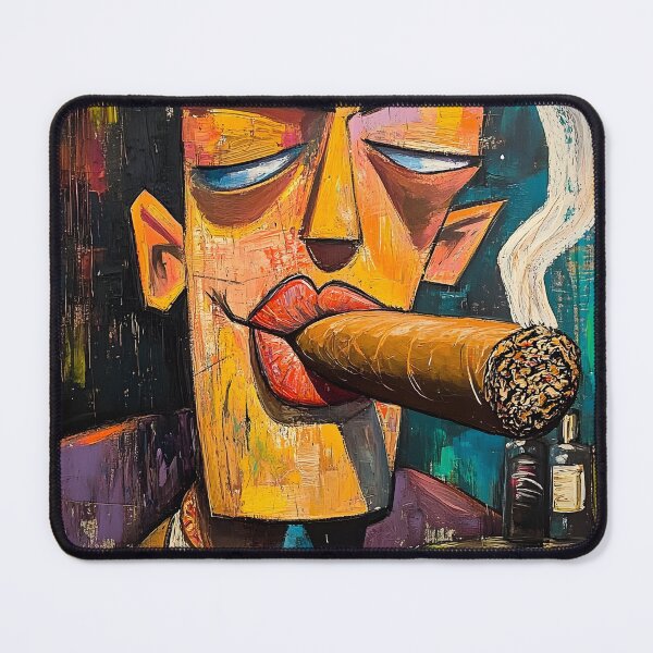 Item preview, Cigar Aficionado Smoking a Large Cigar with Vibrant Abstract Colors and Expressive Comic Mood designed and sold by OlfactoART Studio.