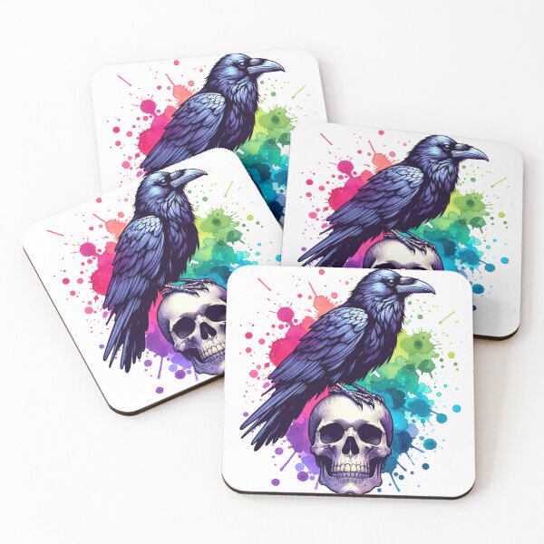 Aperçu de l'œuvre Corbeau perché sur un crâne avec un arrière-plan vibrant créée et vendue par TessaraDesigns.