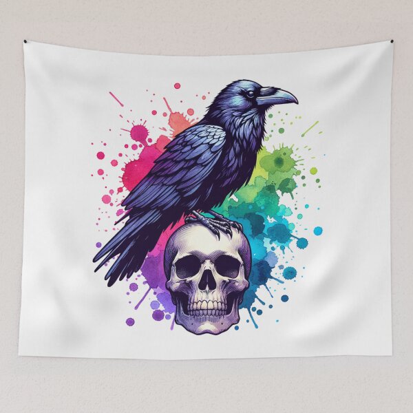 Item preview, Raven Perched on Skull with Vibrant Background designed and sold by TessaraDesigns.