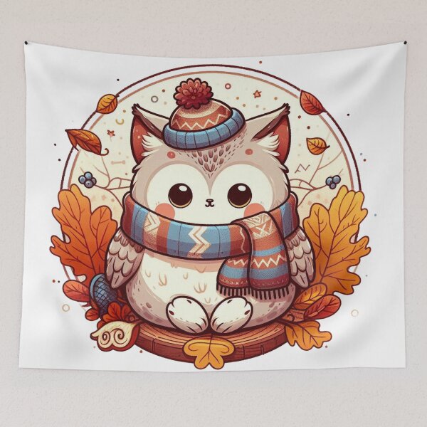Item preview, Cute owl whit autumn leaves and cozy scarf designed and sold by BigBlueArt.