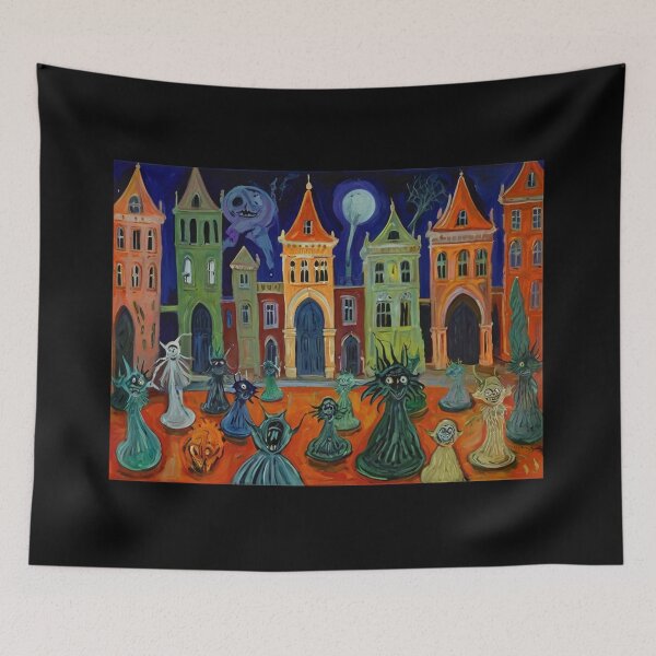 Item preview, Downtown where the ghosts, ghouls and goblins hang out expressionist art painting designed and sold by Vintage Designs +.