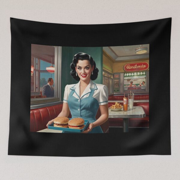 Item preview, Beautiful server in an American Diner vintage pinup advertising style art designed and sold by Vintage Designs +.
