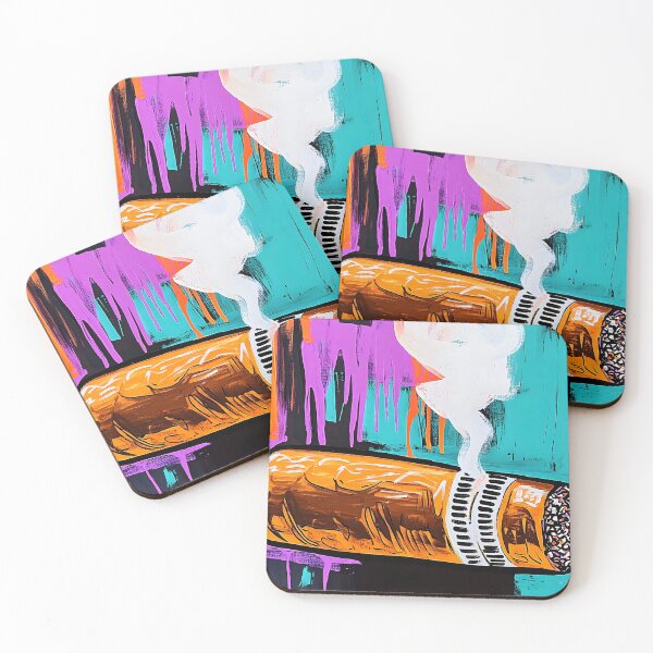 Item preview, Stylized Cigar Emitting Swirling Smoke Against a Vibrant Background with Dynamic Paint Drips designed and sold by OlfactoART Studio.