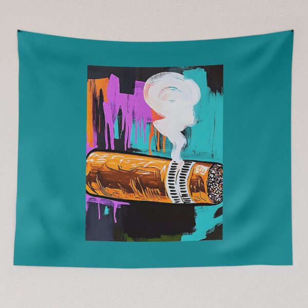 Item preview, Stylized Cigar Emitting Swirling Smoke Against a Vibrant Background with Dynamic Paint Drips designed and sold by OlfactoART Studio.
