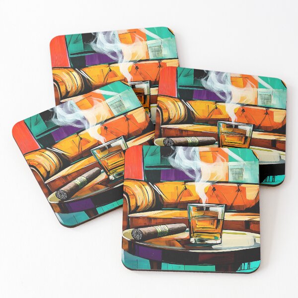 Item preview, Vibrant Abstract Composition of Glass of Whiskey and Cigar on Small Table in Cozy Lounge Set designed and sold by OlfactoART Studio.