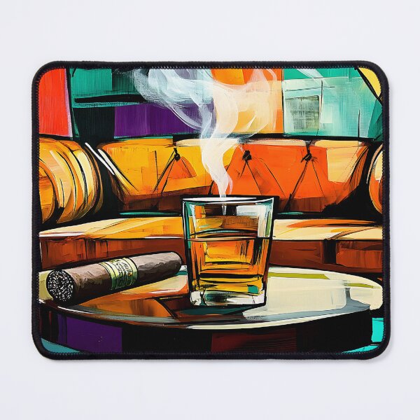 Item preview, Vibrant Abstract Composition of Glass of Whiskey and Cigar on Small Table in Cozy Lounge Set designed and sold by OlfactoART Studio.