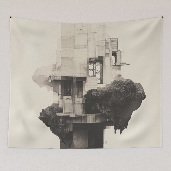 Item preview, Surreal Floating Architectural Structure - Black and White Illustration designed and sold by Retrocranio.