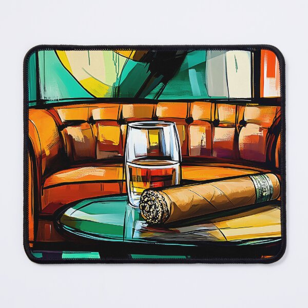 Item preview, Luxurious Lounge Scene with Glass of Whiskey and Cigar on Small Table in Front of Plush Leather AI Generated designed and sold by OlfactoART Studio.