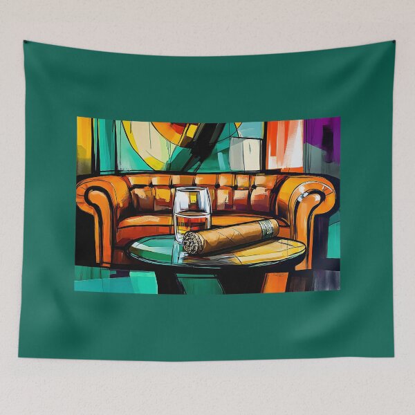 Item preview, Luxurious Lounge Scene with Glass of Whiskey and Cigar on Small Table in Front of Plush Leather AI Generated designed and sold by OlfactoART Studio.