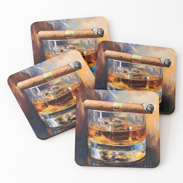 Item preview, Glass of Whiskey with Large Ice Cube Topped by Smoldering Cigar in Cozy Luxurious Atmosphere designed and sold by OlfactoART Studio.