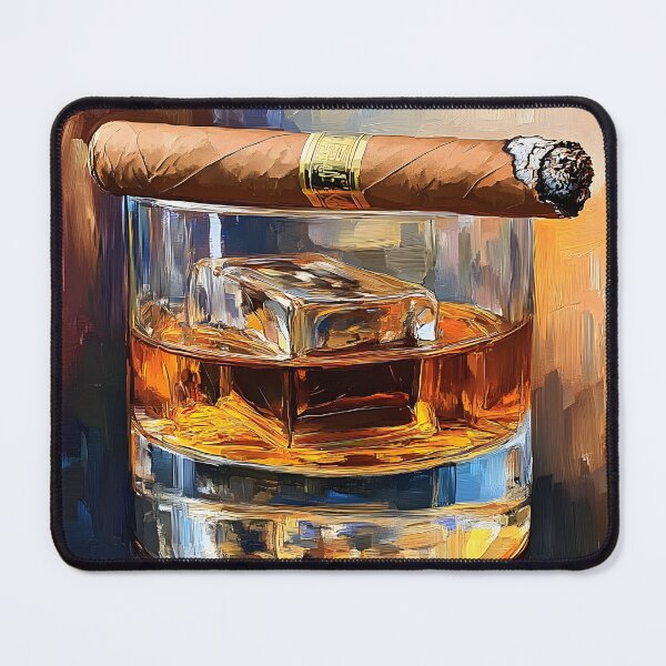 Item preview, Glass of Whiskey with Large Ice Cube Topped by Smoldering Cigar in Cozy Luxurious Atmosphere designed and sold by OlfactoART Studio.