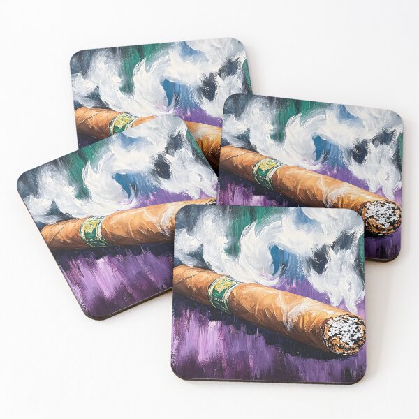 Item preview, Large Cigar Emitting Swirls of White Smoke Against a Vibrant Multicolored Background in Bold Composition designed and sold by OlfactoART Studio.