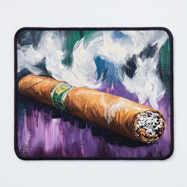 Item preview, Large Cigar Emitting Swirls of White Smoke Against a Vibrant Multicolored Background in Bold Composition designed and sold by OlfactoART Studio.