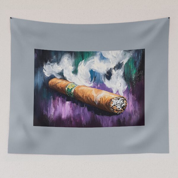 Item preview, Large Cigar Emitting Swirls of White Smoke Against a Vibrant Multicolored Background in Bold Composition designed and sold by OlfactoART Studio.