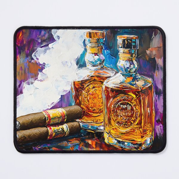 Item preview, Indulge in Elegance with Two Bottles of Whiskey and Cigars Amidst Vibrant Colors Digital Abstract Art designed and sold by OlfactoART Studio.