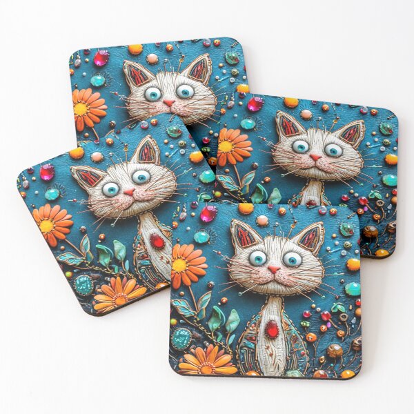 Item preview,  Embroidered Cat with Gemstones and Orange Flowers on Blue Background  designed and sold by MelissaMelovich.
