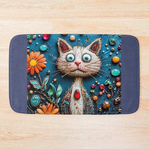 Item preview,  Embroidered Cat with Gemstones and Orange Flowers on Blue Background  designed and sold by MelissaMelovich.