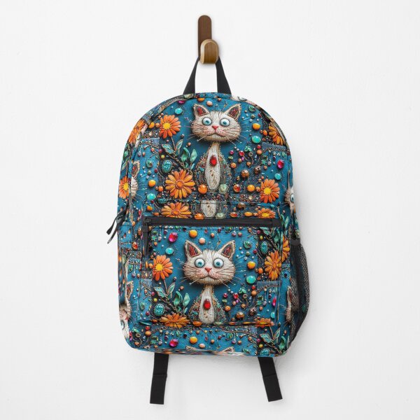 Item preview,  Embroidered Cat with Gemstones and Orange Flowers on Blue Background  designed and sold by MelissaMelovich.