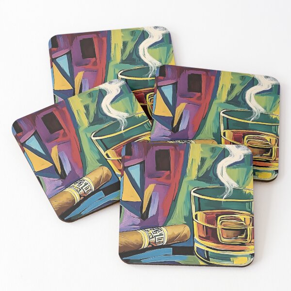 Item preview, Glass of Whisky Next to Lit Cigar with Colorful Abstract Shapes in the Background AI Generated designed and sold by OlfactoART Studio.
