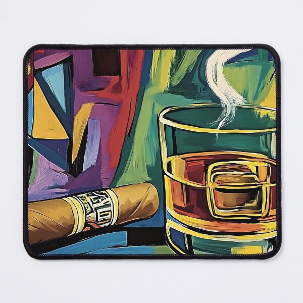 Item preview, Glass of Whisky Next to Lit Cigar with Colorful Abstract Shapes in the Background AI Generated designed and sold by OlfactoART Studio.