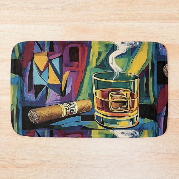 Item preview, Glass of Whisky Next to Lit Cigar with Colorful Abstract Shapes in the Background AI Generated designed and sold by OlfactoART Studio.