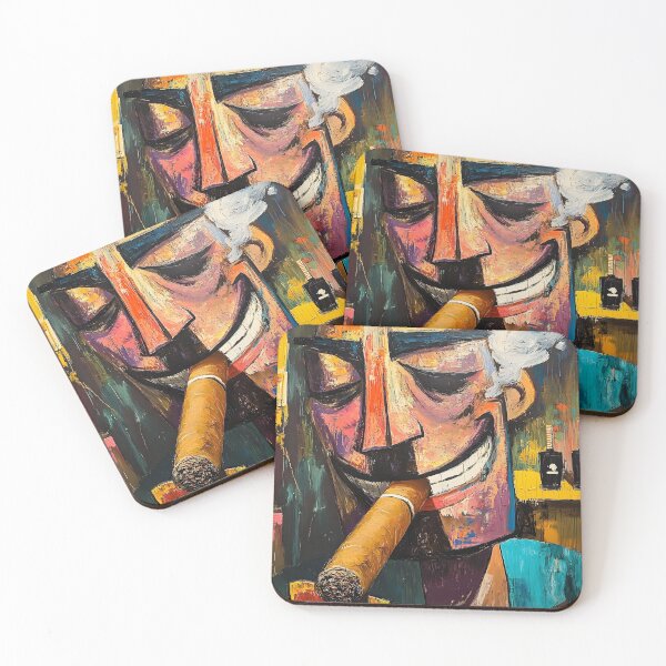 Item preview, Colorful Abstract Depiction of a Person with a Large Grin Enjoying a Cigar in Vibrant Hues Digital Art designed and sold by OlfactoART Studio.